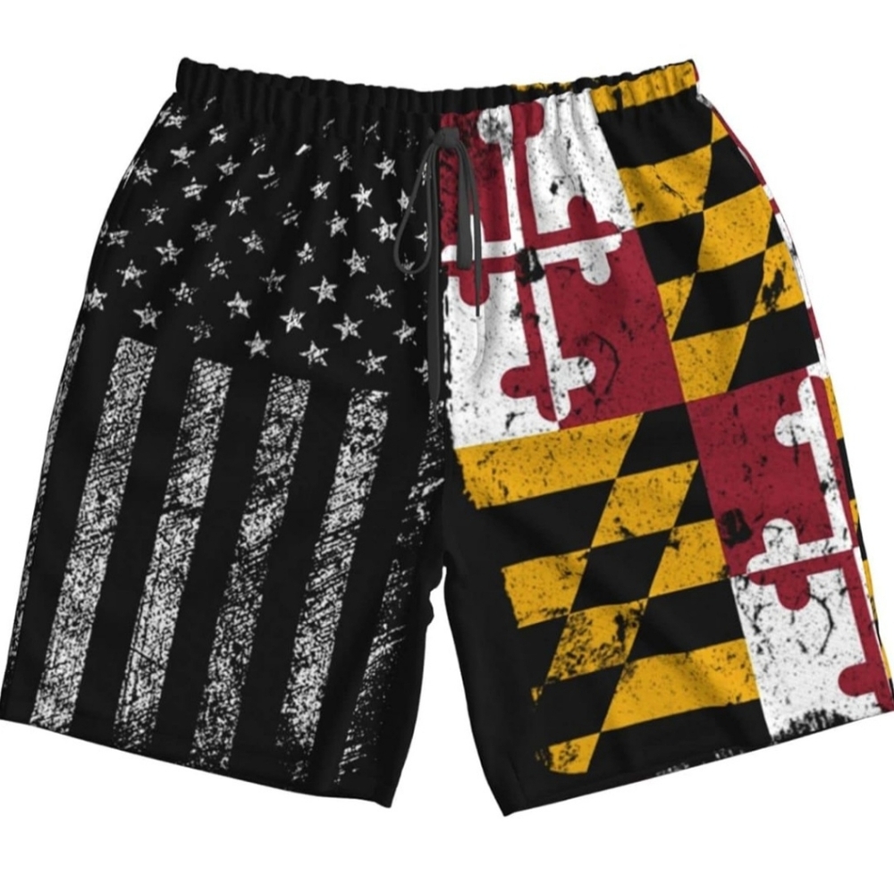 Mens Maryland Flag  American Flag Vintage Style Swimming Trunks Size L NWOT